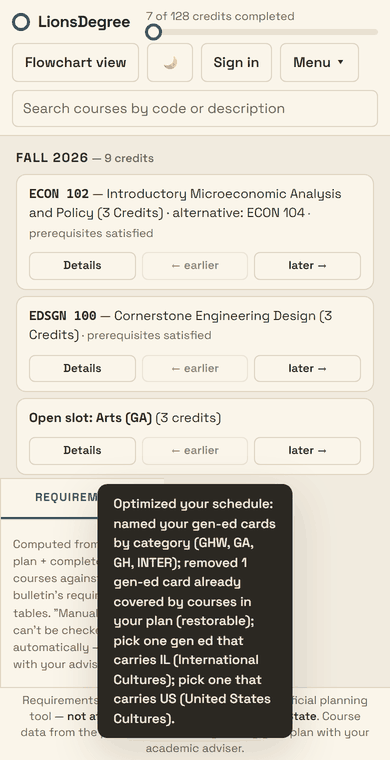 The planner's list view on a phone: each term as a section, each course showing whether its prerequisites are met.